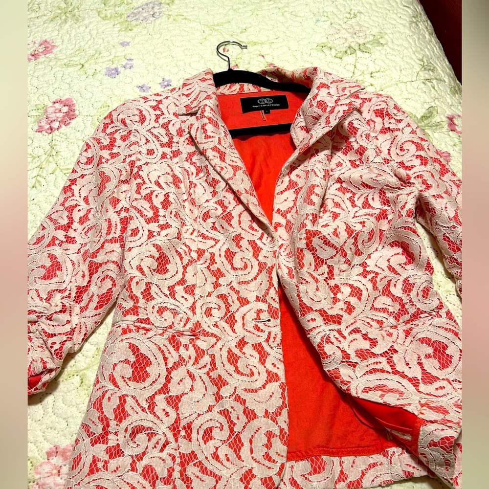 Tart Collection Women's Lace Jacket and shorts.  Coral and White,